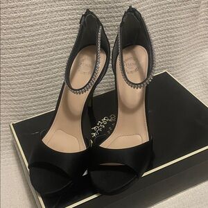 L Miller Crystal-Ankle Black Satin Open-Toe Heels